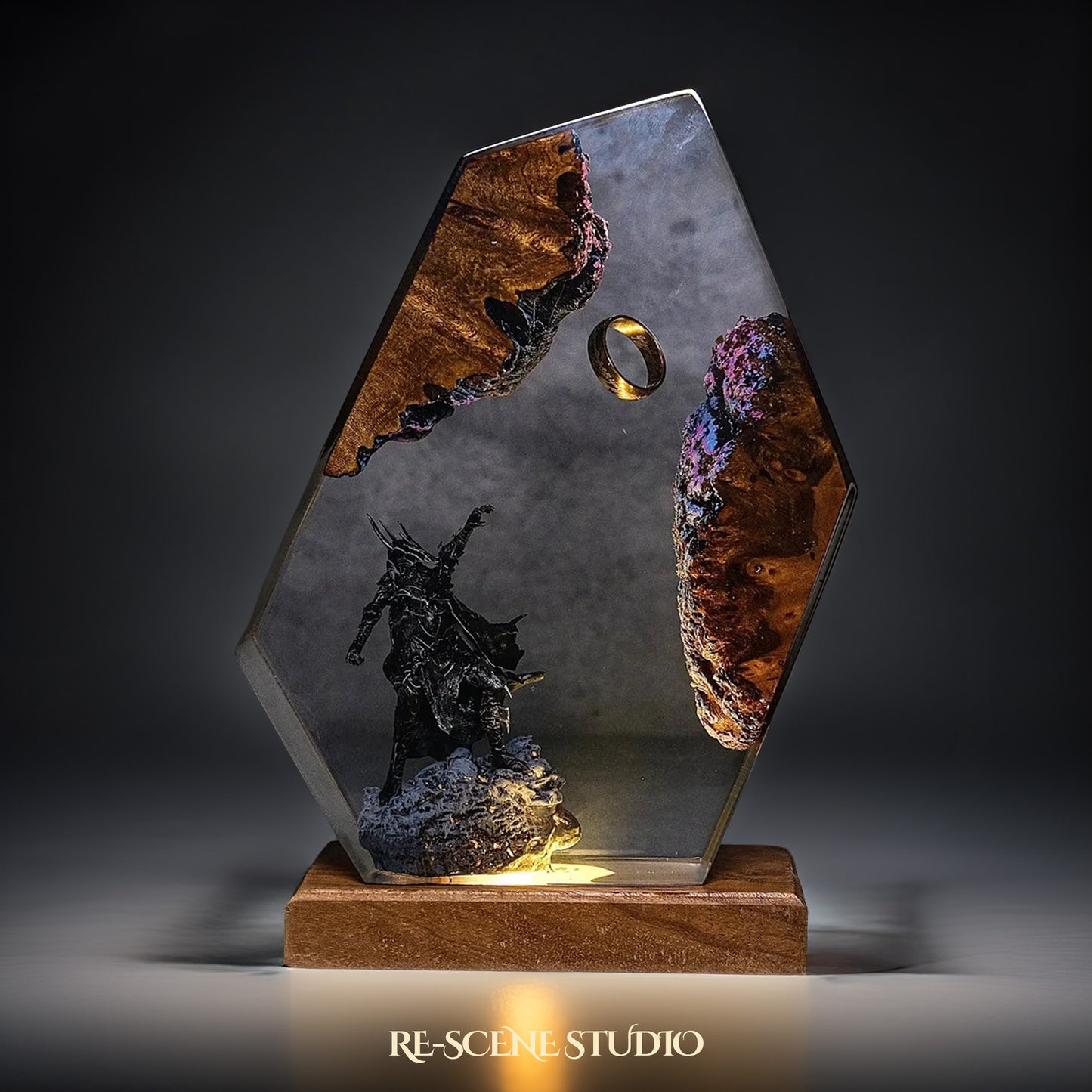 Sauron Hexagon resin lamp close-up showing detailed resin art and warm LED glow