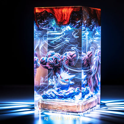 Grinning shadow phantom with a looming dark silhouette handmade epoxy resin LED lamp on a wooden base – angled side view