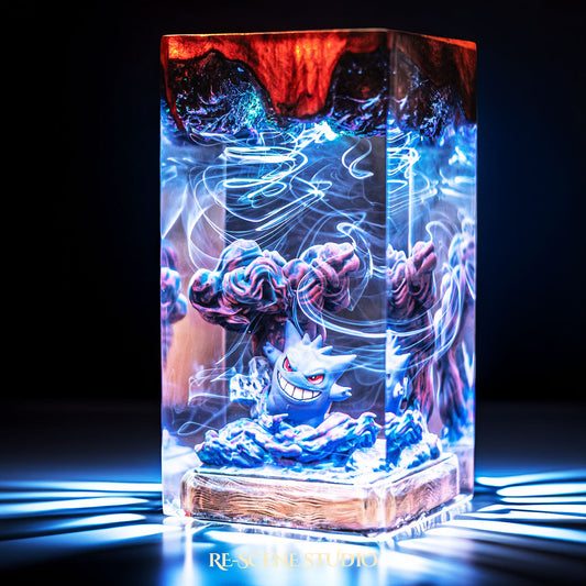 Grinning shadow phantom with a looming dark silhouette handmade epoxy resin LED lamp on a wooden base – angled side view