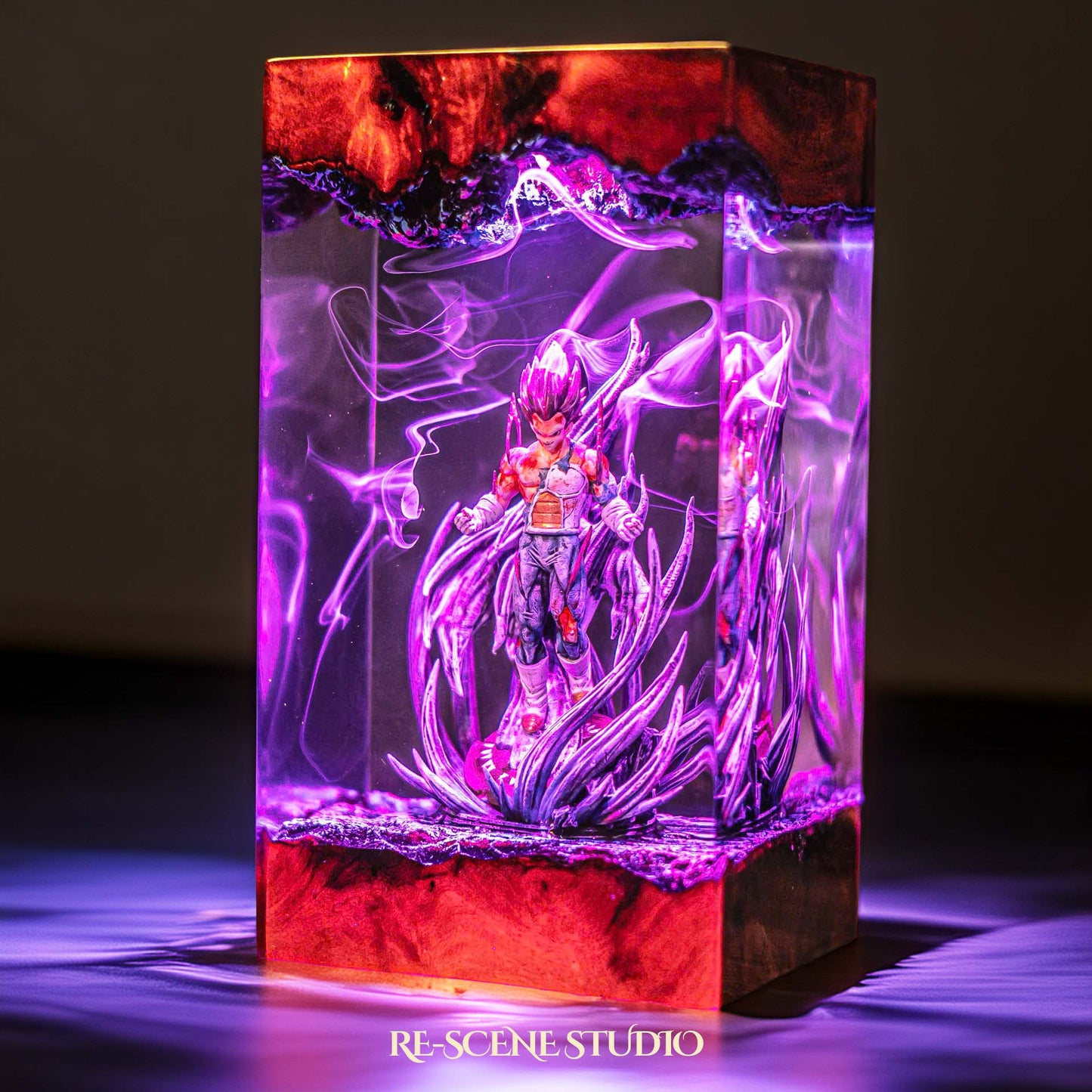 Violet-haired proud warrior in torn battle armor handmade epoxy resin LED lamp on a wooden base – angled side view