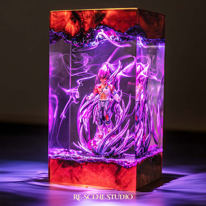 Violet-haired proud warrior in torn battle armor handmade epoxy resin LED lamp on a wooden base – angled side view