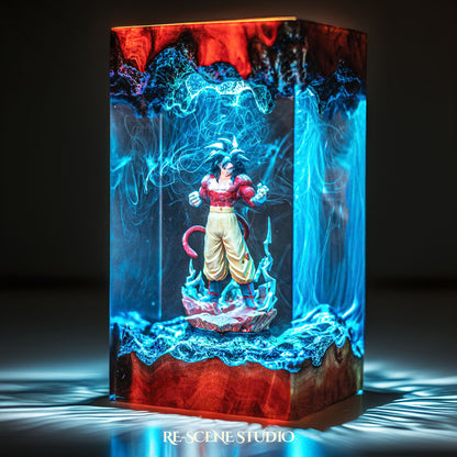 Red-furred primal cosmic warrior with a tail handmade epoxy resin LED lamp on a wooden base – close-up resin detail