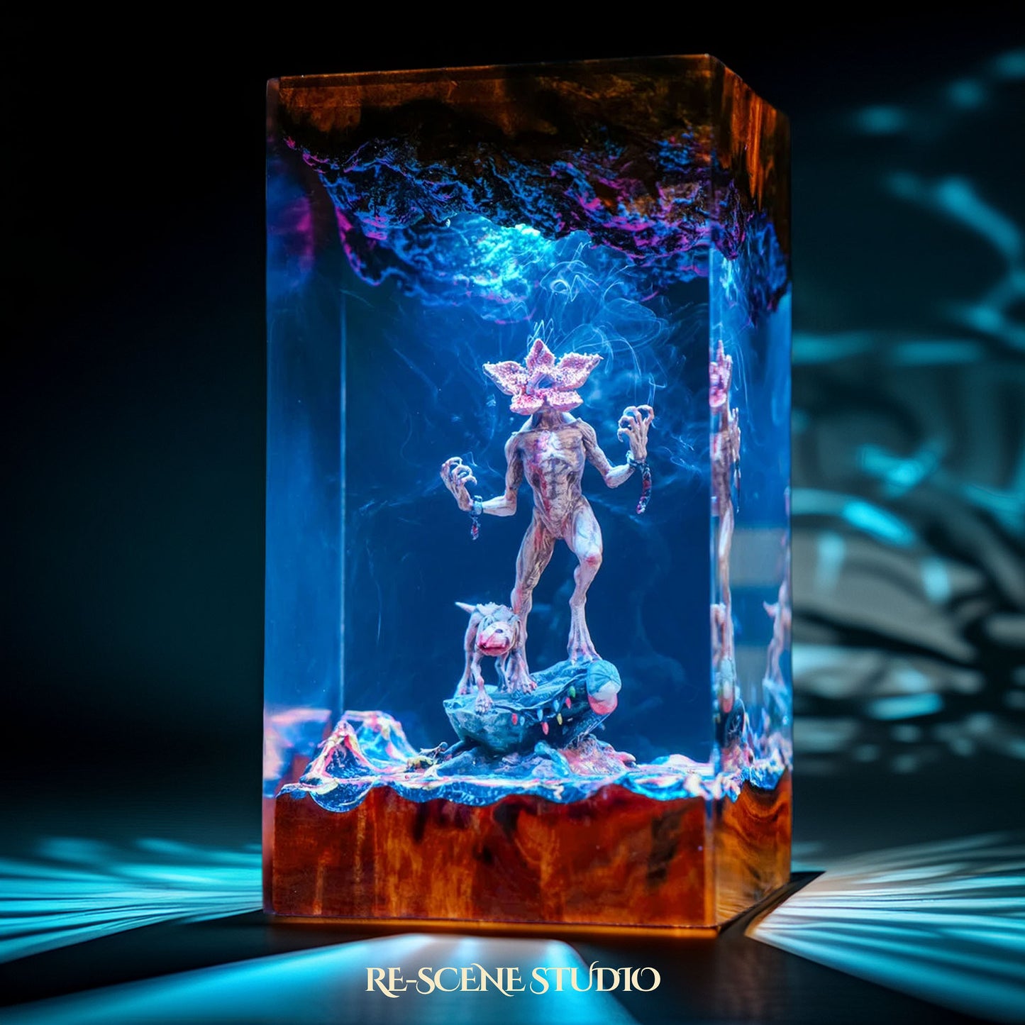 Demogorgon resin lamp lit at night with atmospheric mood glow