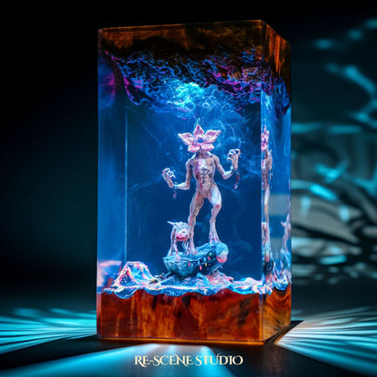 Demogorgon resin lamp lit at night with atmospheric mood glow