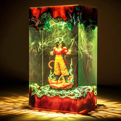 Red-furred primal cosmic warrior with a tail handmade epoxy resin LED lamp on a wooden base – RGB color glow in a dark room