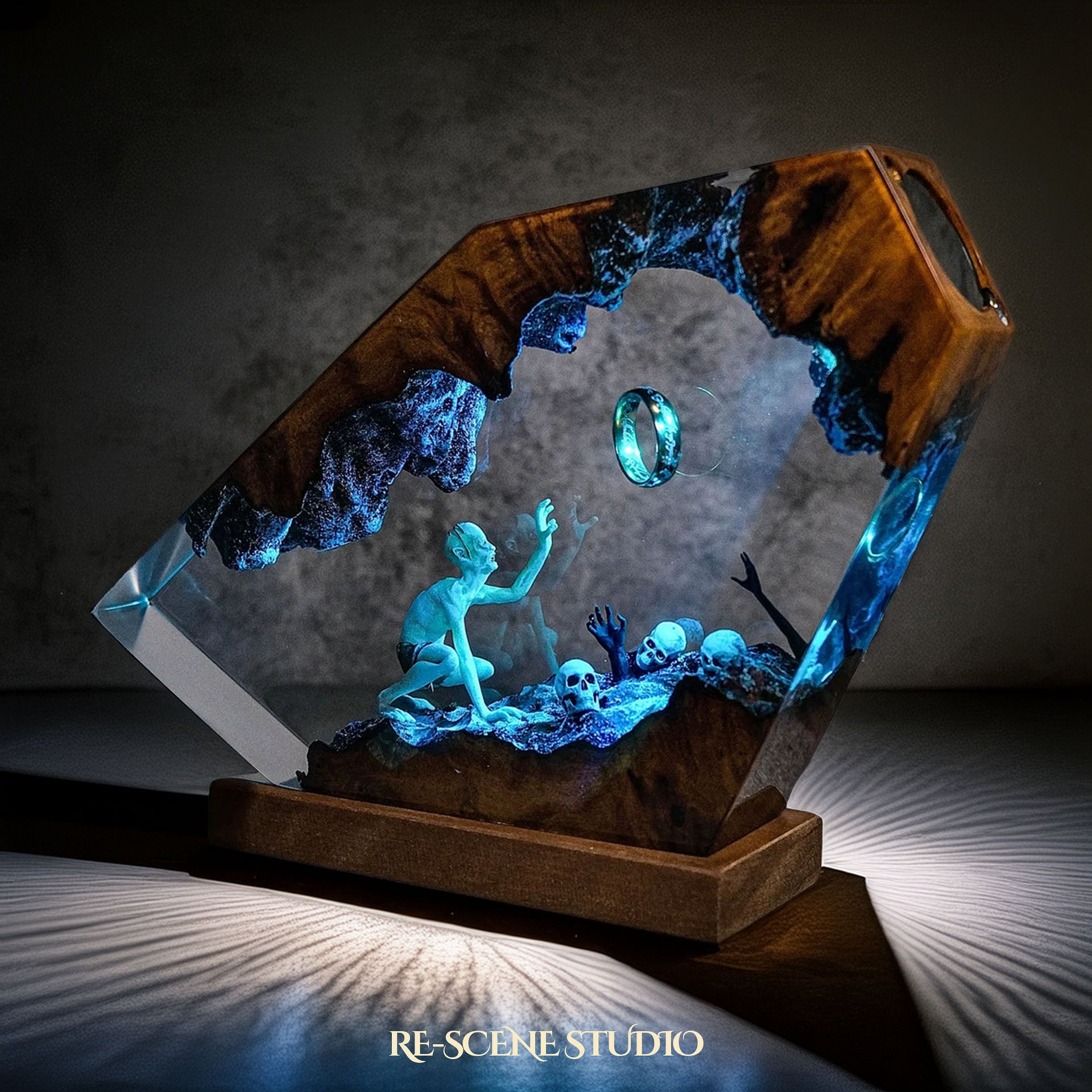 Gollum resin lamp lit at night with atmospheric mood glow