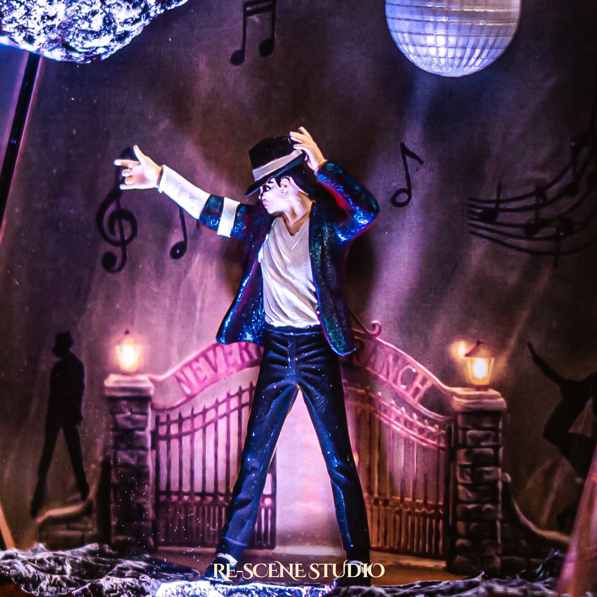 Handmade epoxy resin table lamp showing a dancer on a stage with a mirror ball and floating music notes, one arm raised, glowing from within on a natural wood LED base (view 8)