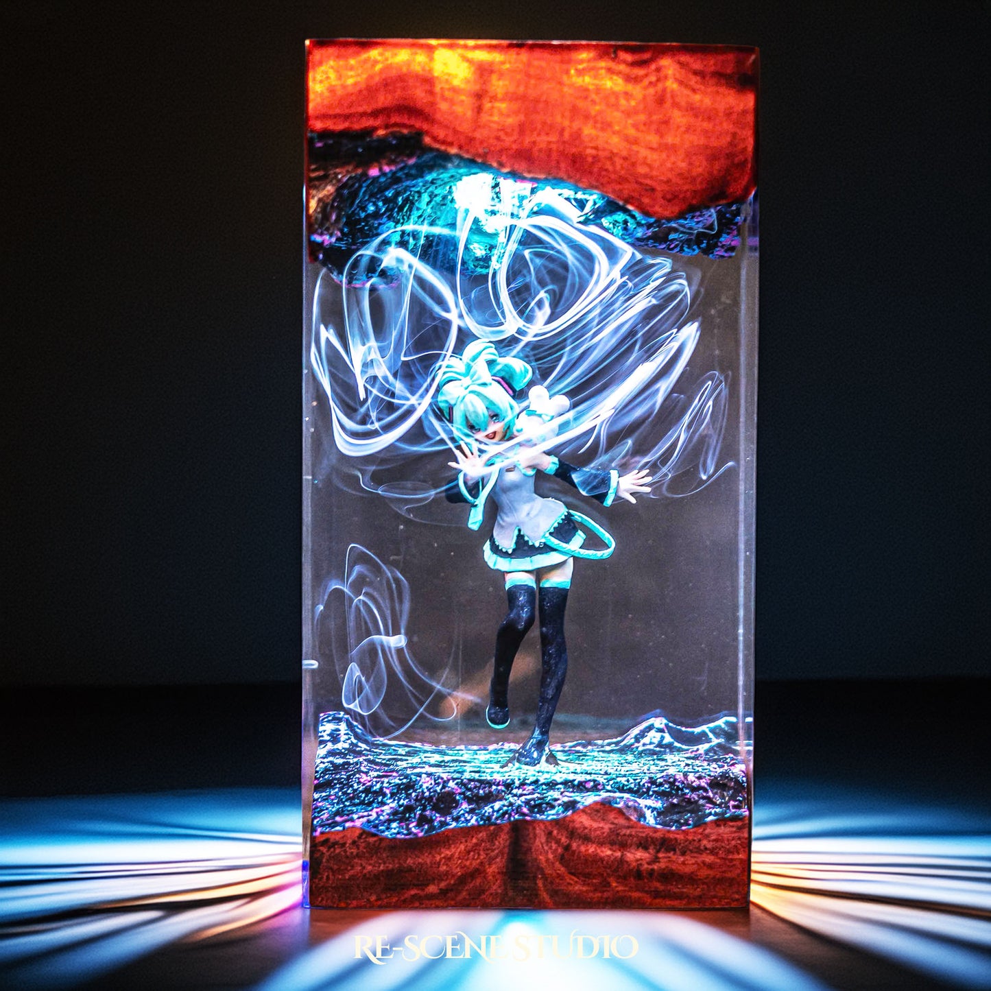 Teal twin-tailed virtual idol dancing handmade epoxy resin LED lamp on a wooden base – RGB color glow in a dark room