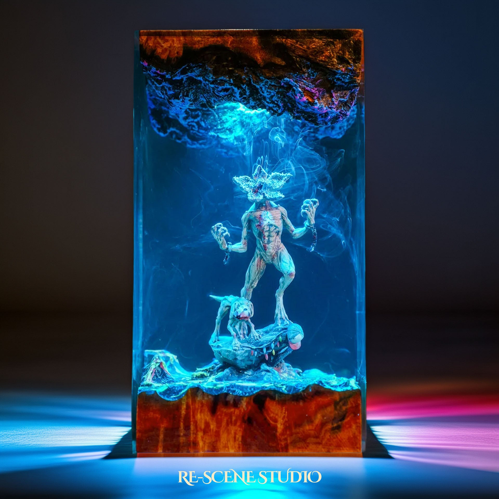 Demogorgon resin lamp side view with cinematic LED ambient lighting