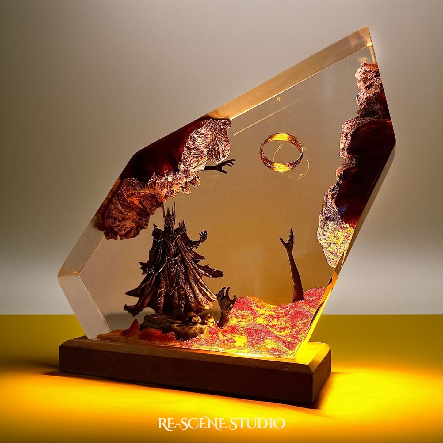 Top view of Sauron Dark Lord resin lamp on natural wood base