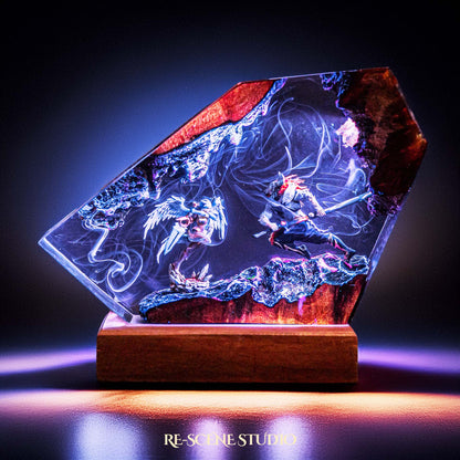 Broken-blade warrior dueling a wind swordsman handmade epoxy resin LED lamp on a wooden base – RGB color glow in a dark room