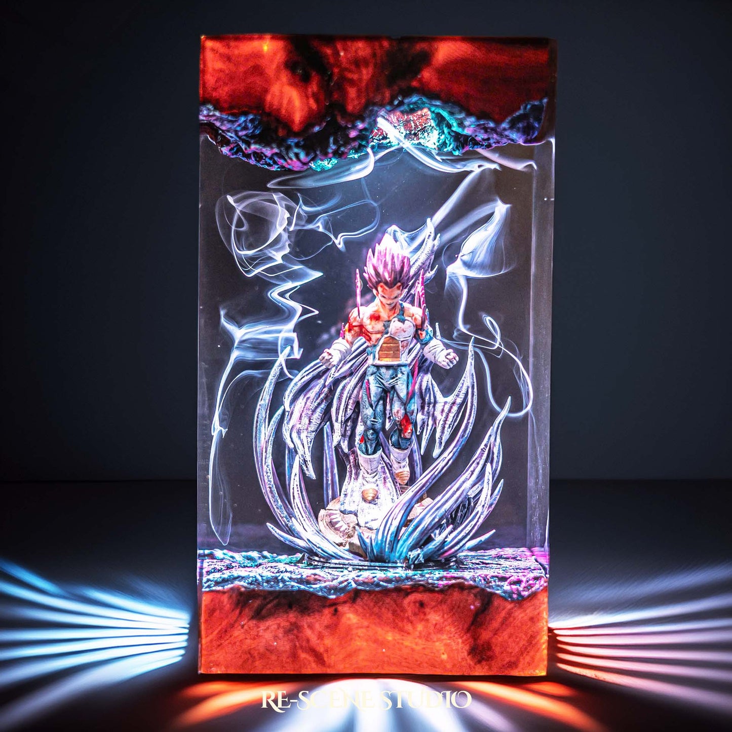 Violet-haired proud warrior in torn battle armor handmade epoxy resin LED lamp on a wooden base – RGB color glow in a dark room