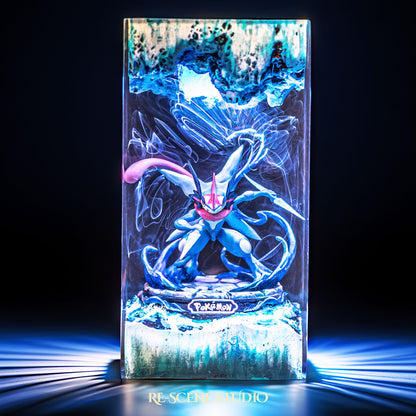 Blue ninja frog warrior with a giant water shuriken handmade epoxy resin LED lamp on a wooden base – angled side view