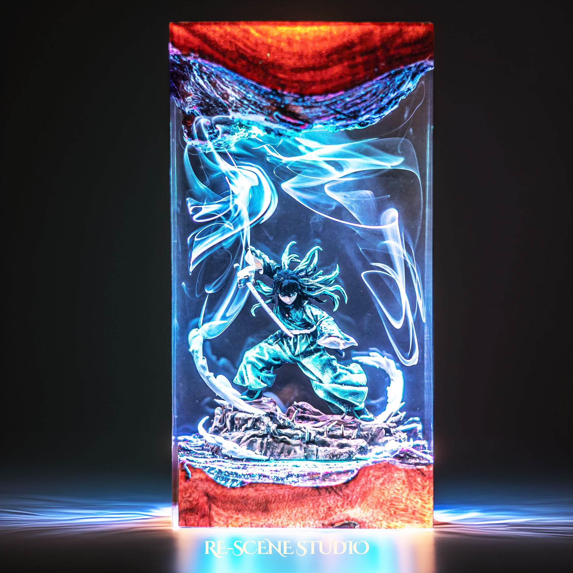 Teal-haired mist swordsman in a battle stance handmade epoxy resin LED lamp on a wooden base – close-up resin detail