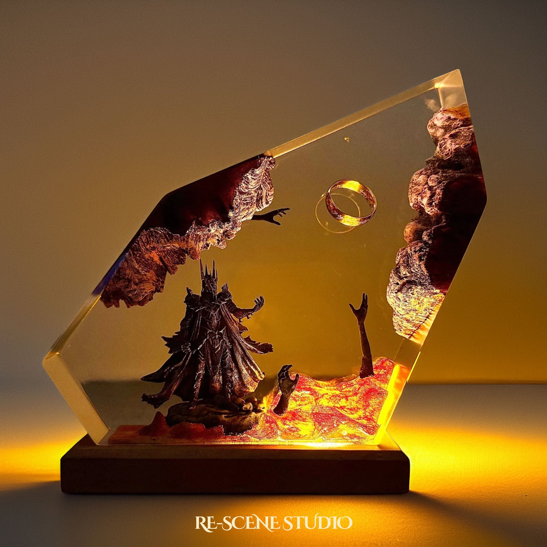 Sauron Dark Lord resin lamp side view with cinematic LED ambient lighting