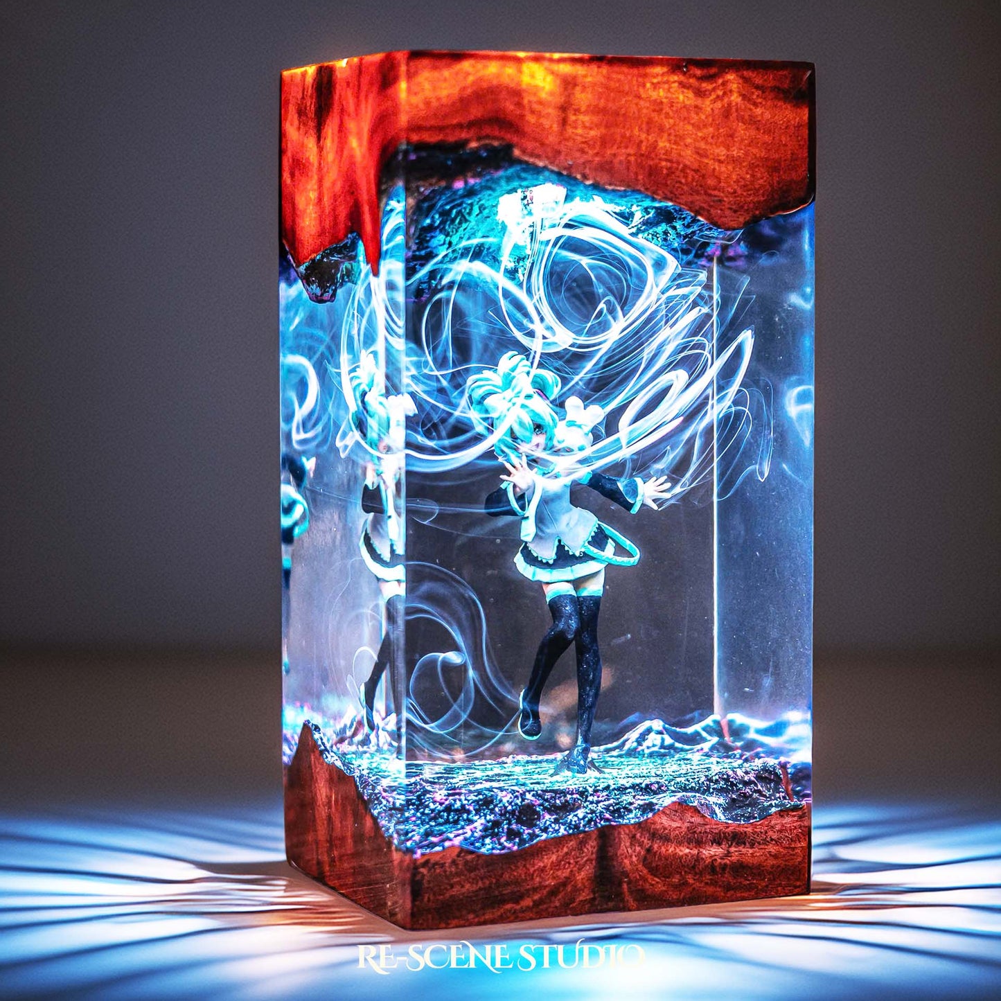 Teal twin-tailed virtual idol dancing handmade epoxy resin LED lamp on a wooden base – close-up resin detail