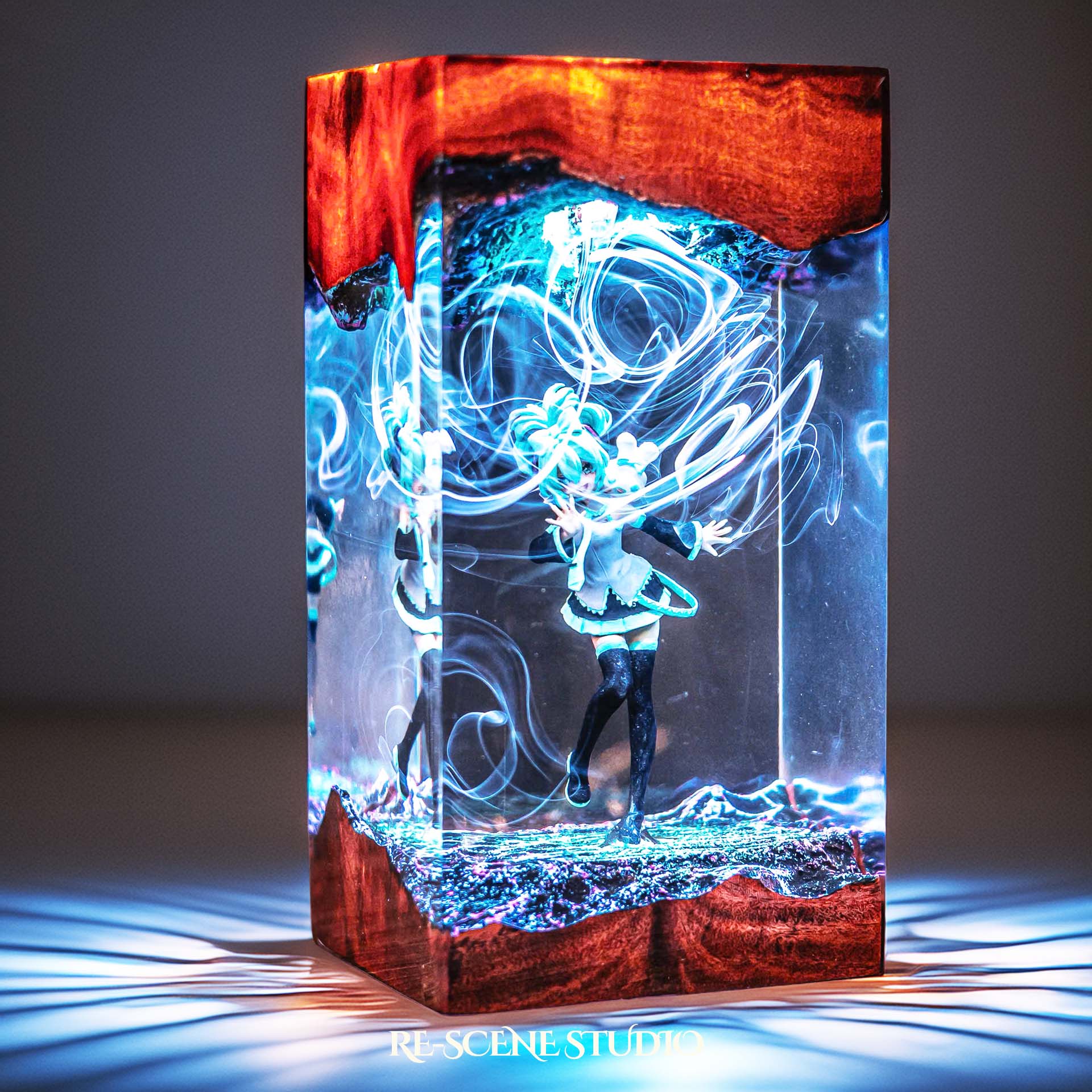 Teal twin-tailed virtual idol dancing handmade epoxy resin LED lamp on a wooden base – close-up resin detail