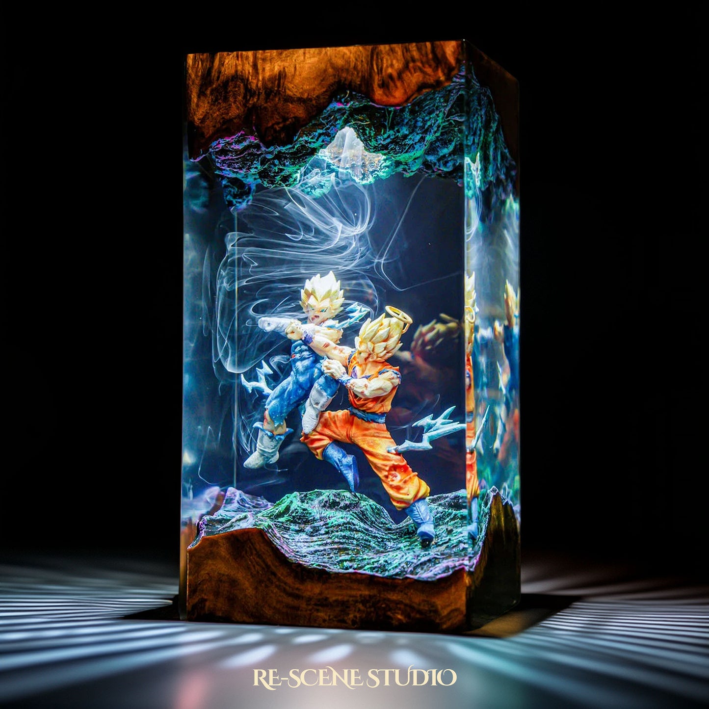 Goku vs Vegeta resin lamp side view with cinematic LED ambient lighting