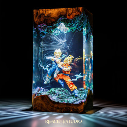 Goku vs Vegeta resin lamp side view with cinematic LED ambient lighting