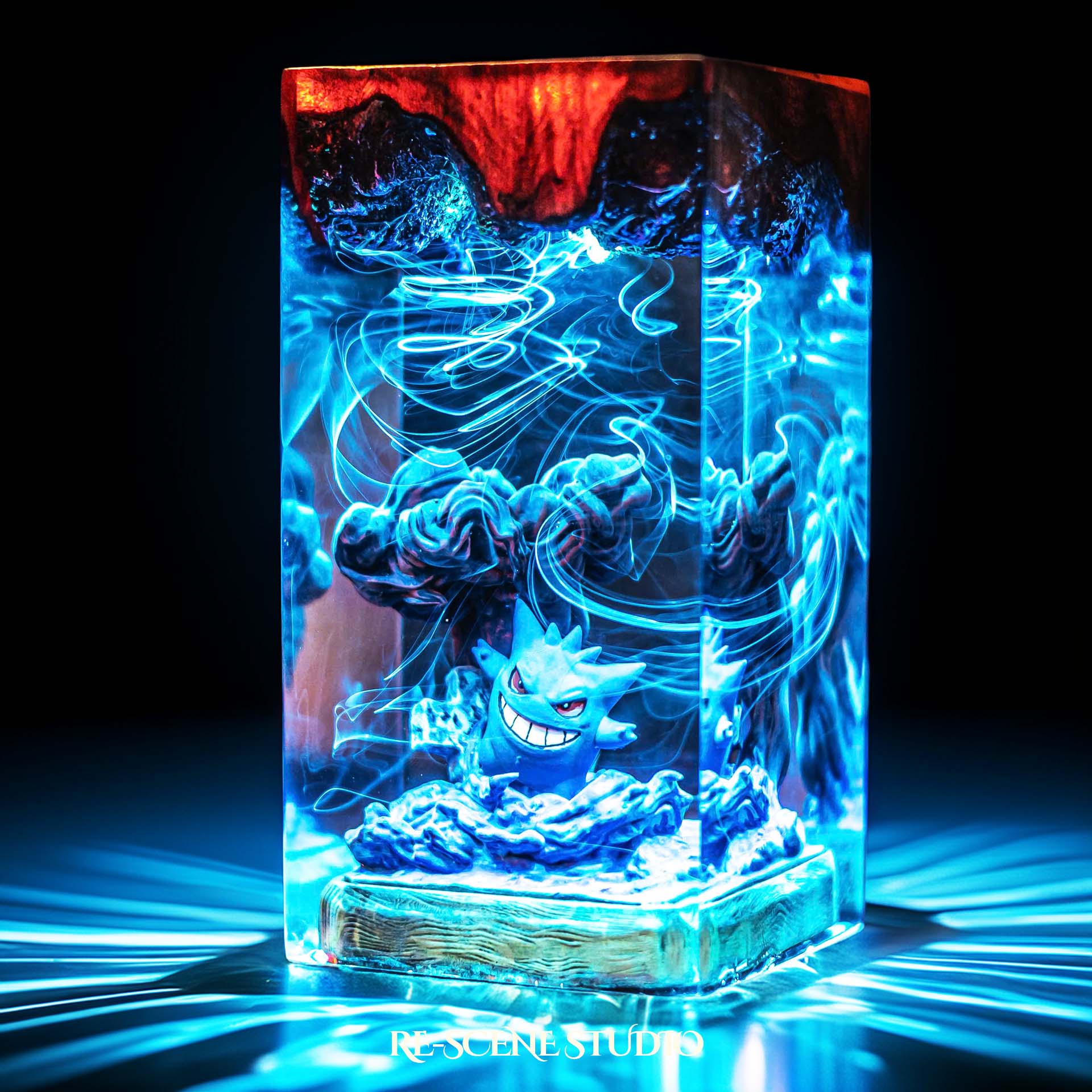 Grinning shadow phantom with a looming dark silhouette handmade epoxy resin LED lamp on a wooden base – close-up resin detail