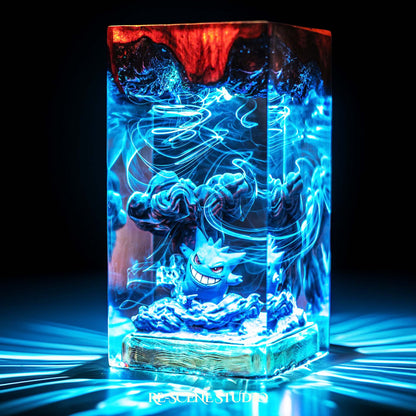 Grinning shadow phantom with a looming dark silhouette handmade epoxy resin LED lamp on a wooden base – close-up resin detail