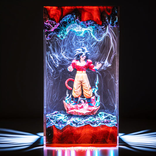 Red-furred primal cosmic warrior with a tail handmade epoxy resin LED lamp on a wooden base – front view, lit