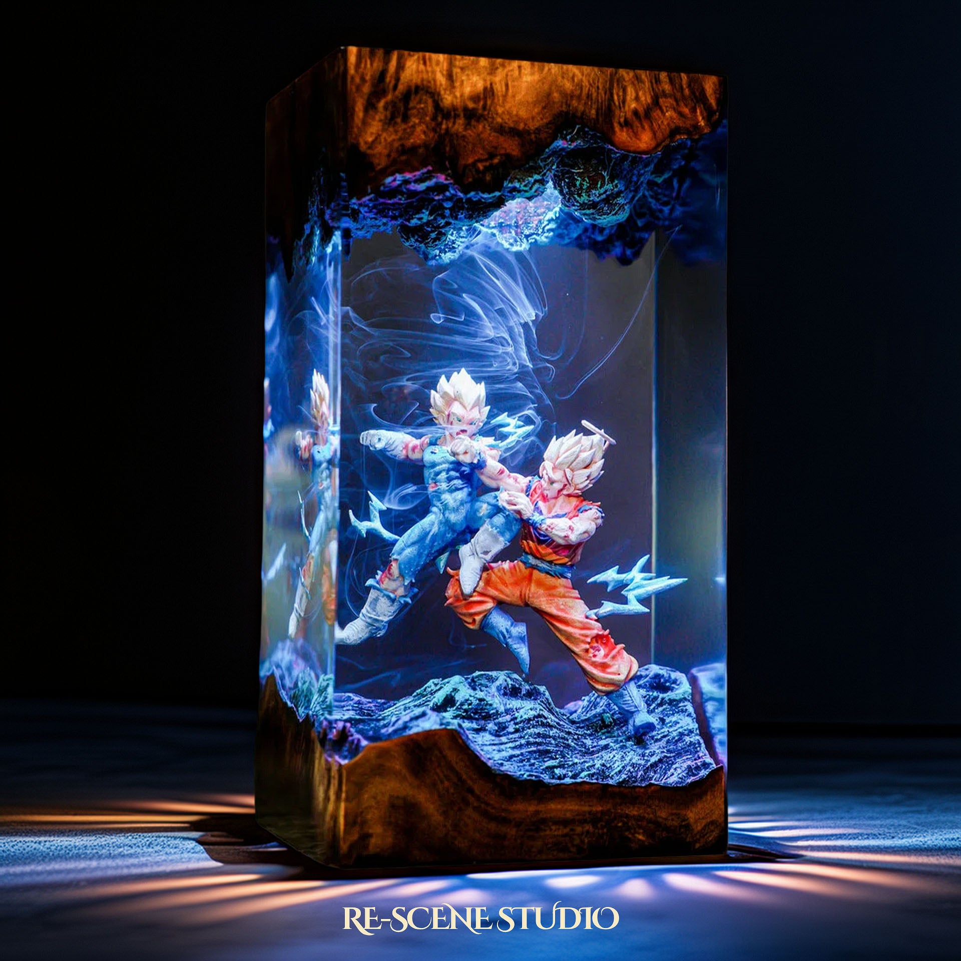 Goku vs Vegeta resin lamp detail shot capturing scene in clear epoxy resin