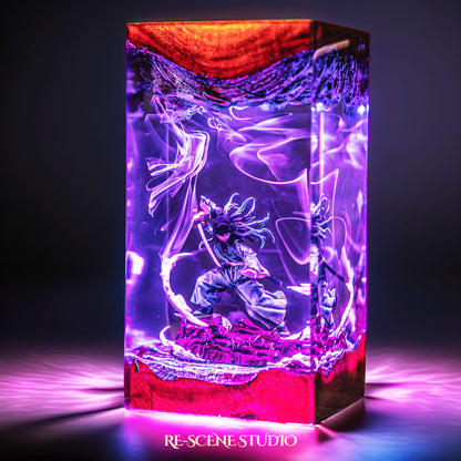 Teal-haired mist swordsman in a battle stance handmade epoxy resin LED lamp on a wooden base – RGB color glow in a dark room