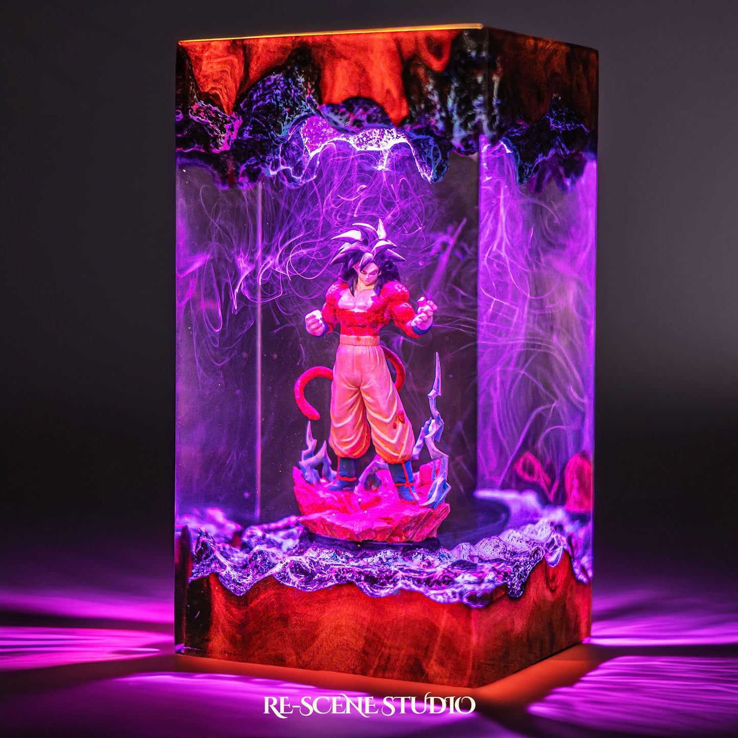 Red-furred primal cosmic warrior with a tail handmade epoxy resin LED lamp on a wooden base – angled side view