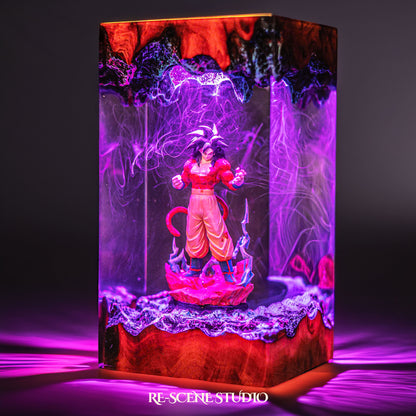 Red-furred primal cosmic warrior with a tail handmade epoxy resin LED lamp on a wooden base – angled side view