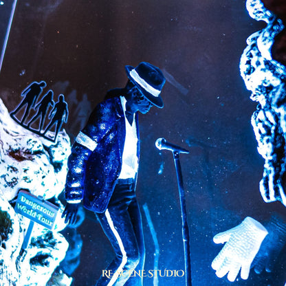 Handmade epoxy resin table lamp showing a dancer in a fedora and sparkling jacket leaning toward a microphone stand under a spotlight, on a natural wood LED base (view 8)