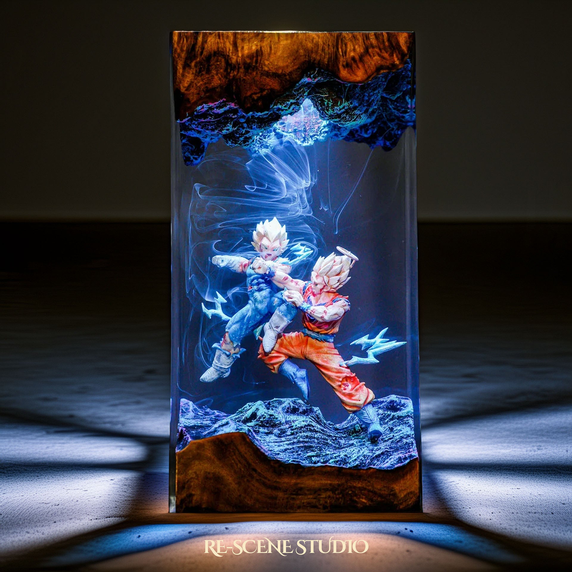 Goku vs Vegeta resin lamp close-up showing detailed resin art and warm LED glow
