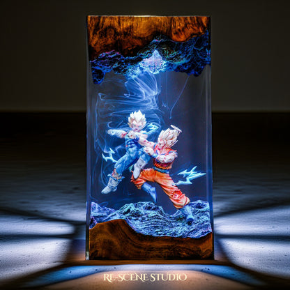 Goku vs Vegeta resin lamp close-up showing detailed resin art and warm LED glow