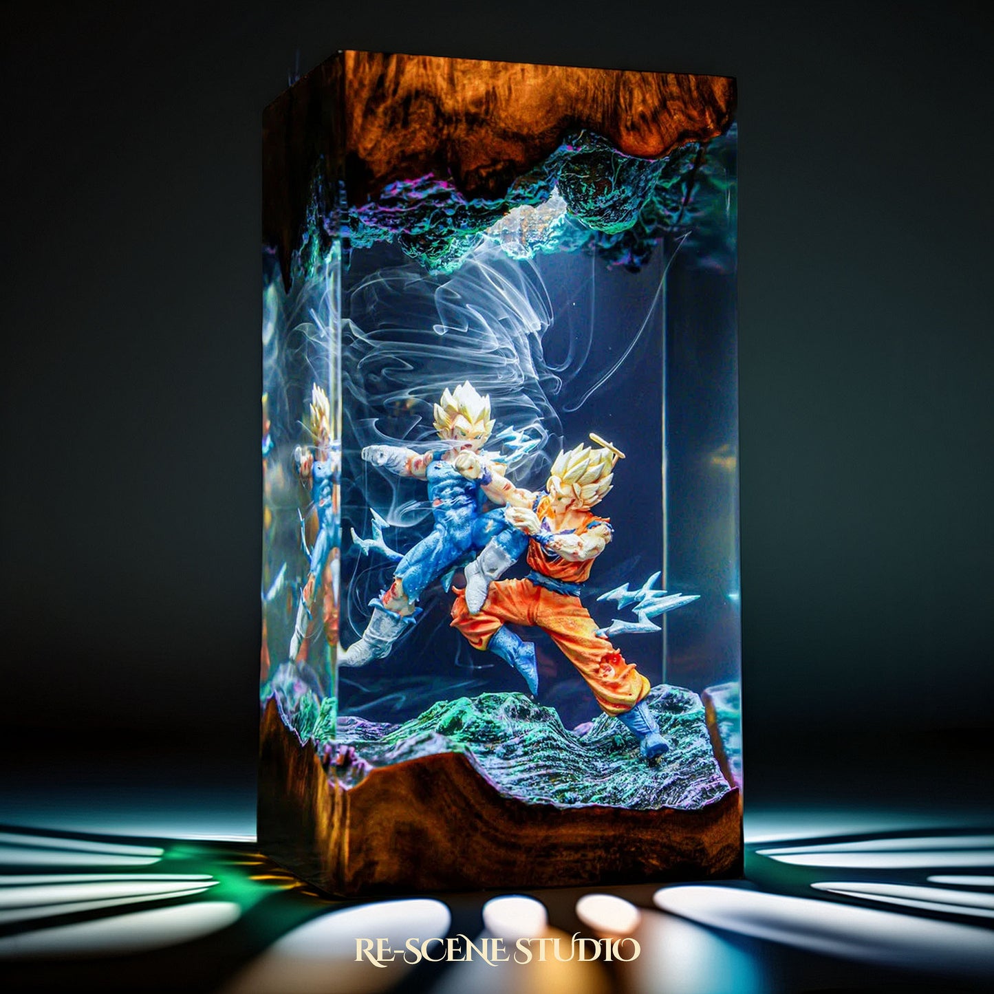 Goku vs Vegeta resin lamp showcasing Saiyan battle aura in blue and yellow energy