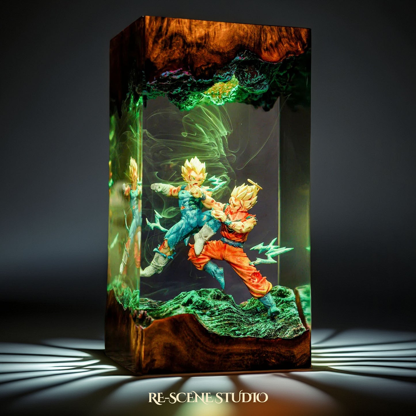 Goku vs Vegeta resin lamp as desk accent with soft ambient light