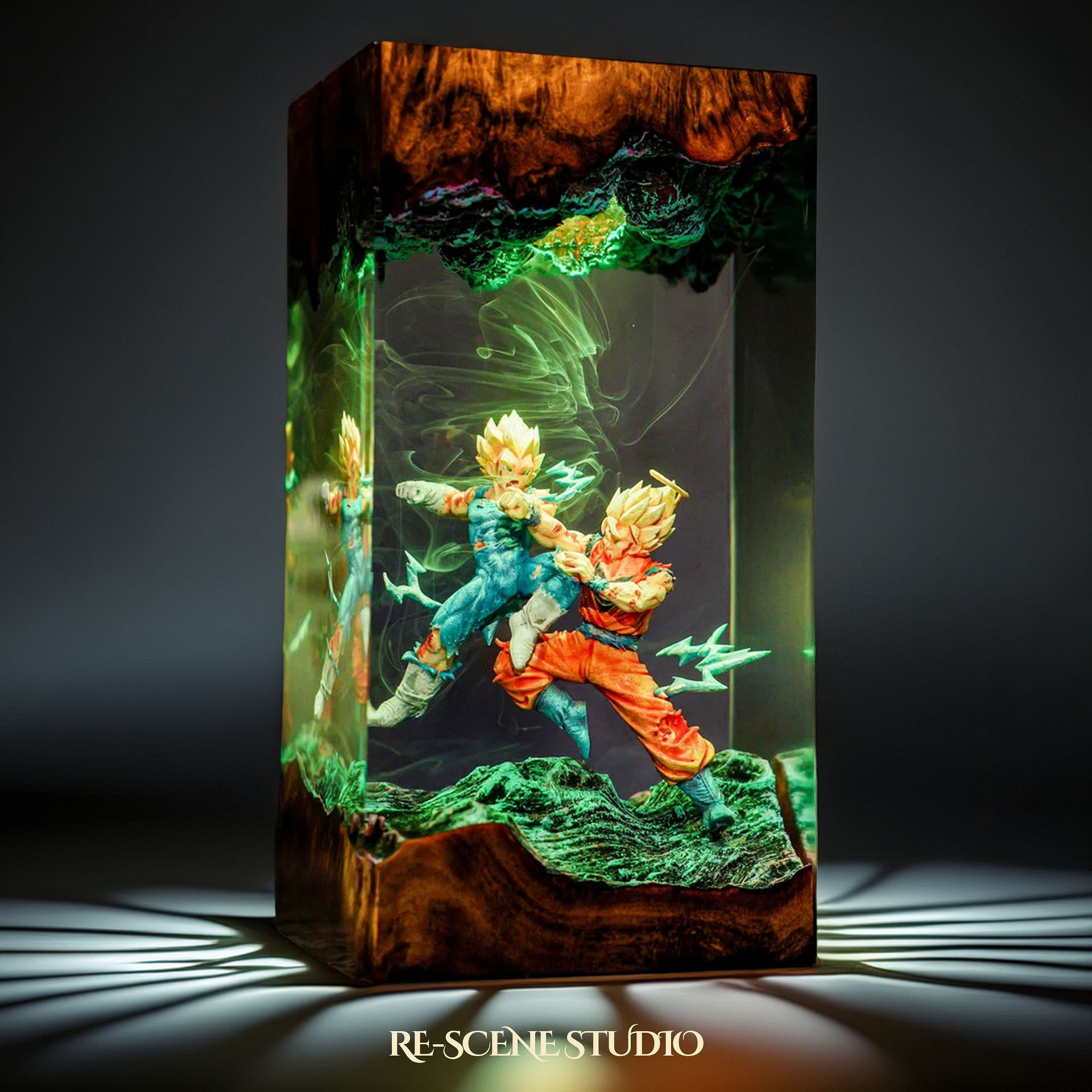 Goku vs Vegeta resin lamp as desk accent with soft ambient light
