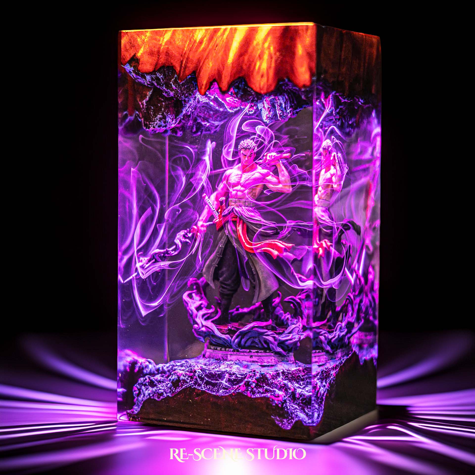 Green-clad three-sword swordsman mid-stance handmade epoxy resin LED lamp on a wooden base – RGB color glow in a dark room