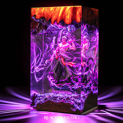Green-clad three-sword swordsman mid-stance handmade epoxy resin LED lamp on a wooden base – RGB color glow in a dark room
