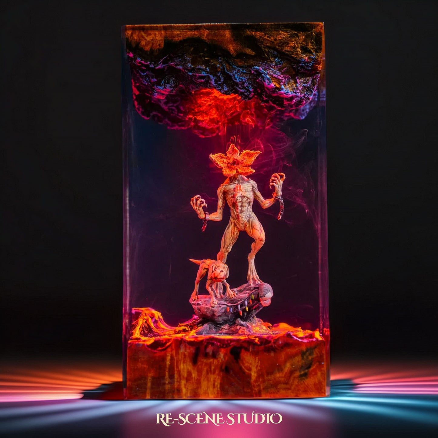 Top view of Demogorgon resin lamp on natural wood base