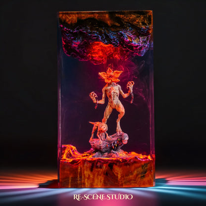 Top view of Demogorgon resin lamp on natural wood base