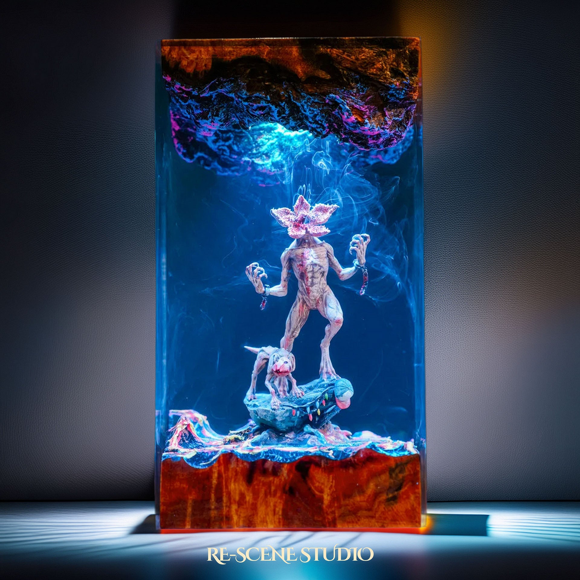 Demogorgon resin lamp close-up showing detailed resin art and warm LED glow