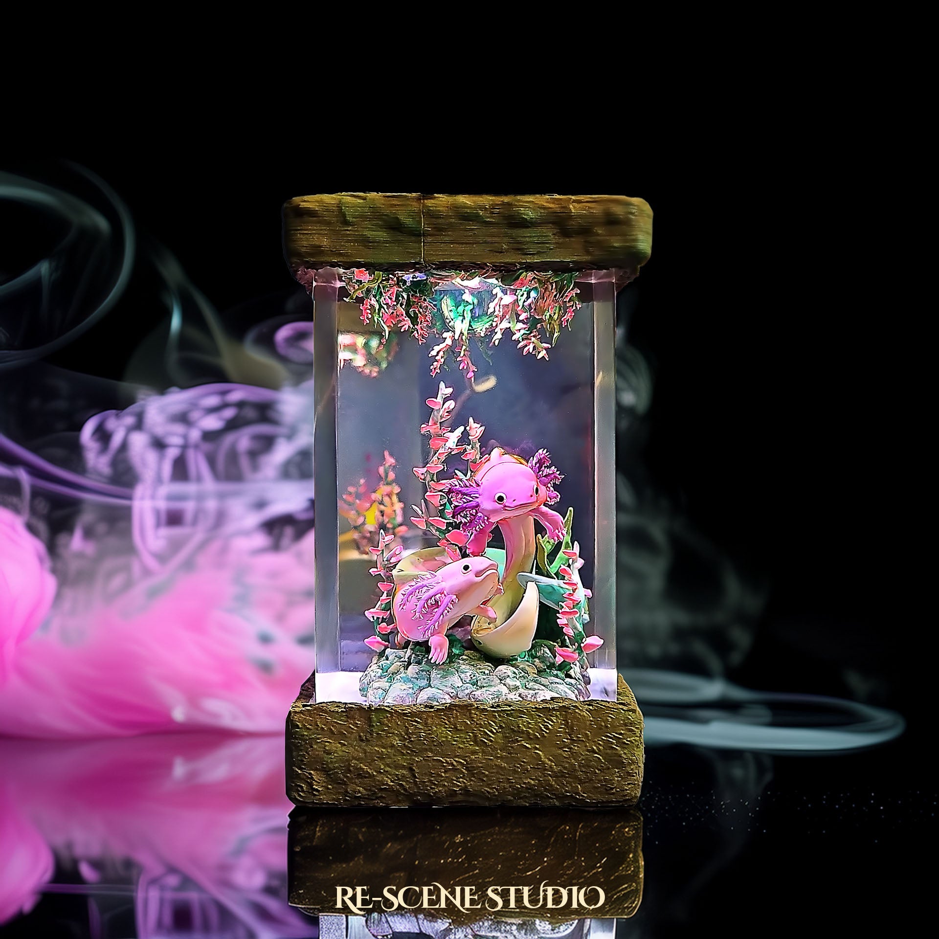 Axolotl Resin Lamp V1 - Underwater Fantasy Edition Multicolor / Size M – Handmade Epoxy Resin Lamp by Rescene Studio | Rescene Studio