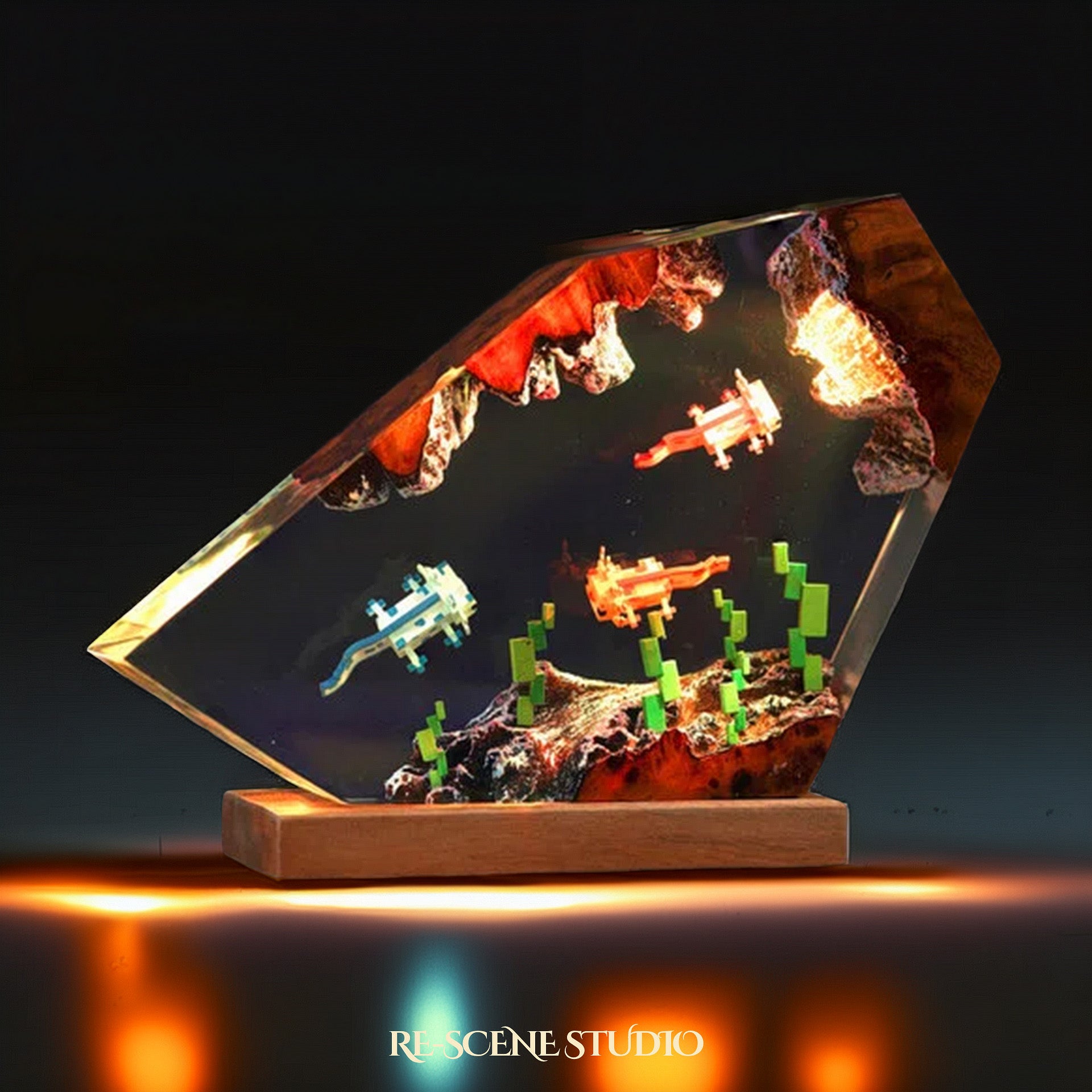 Pink Aquatic Salamander Resin Lamp — Closeup Detail | Original Epoxy Resin Sculpture with Built-in LED Glow