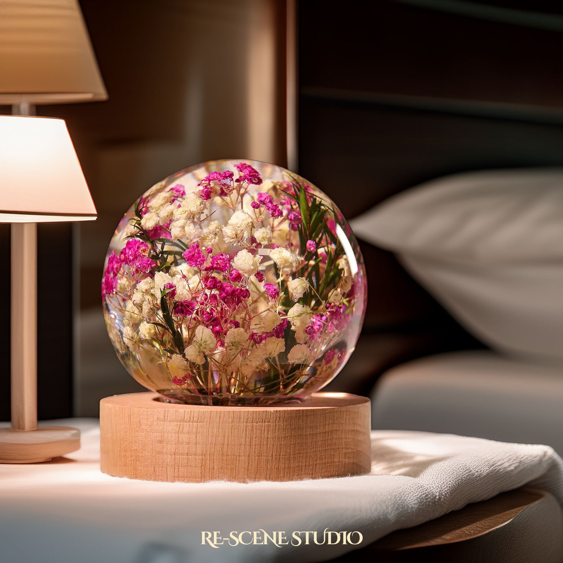 Baby's Breath Sphere Resin Lamp Flower Only / No Engraving – Handmade Epoxy Resin Lamp by Rescene Studio | Rescene Studio