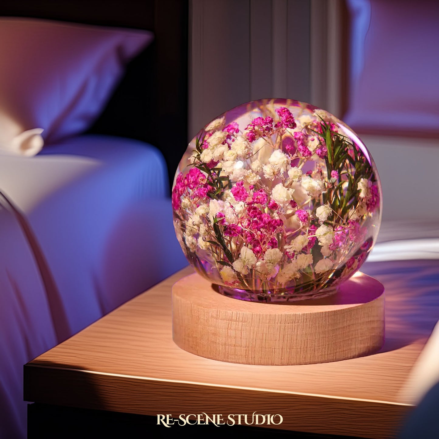 Baby's Breath Sphere Resin Lamp Flower Only / No Engraving – Handmade Epoxy Resin Lamp by Rescene Studio | Rescene Studio