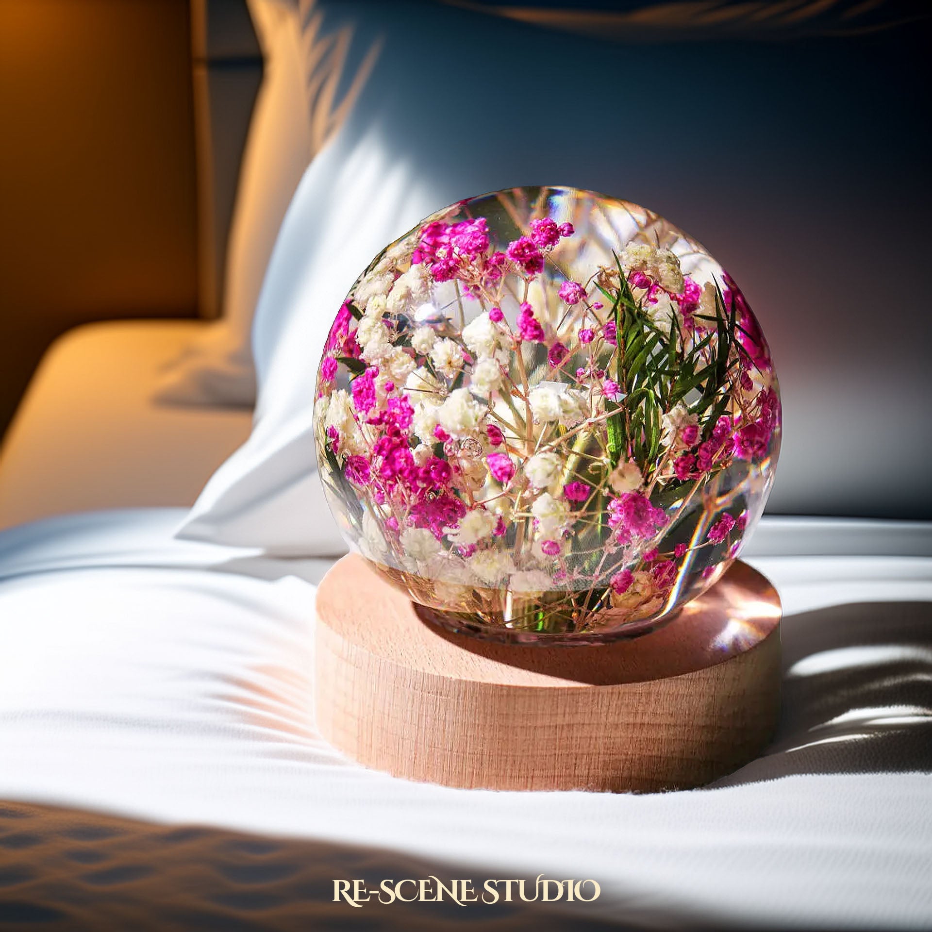 Baby's Breath Sphere Resin Lamp Flower Only / No Engraving – Handmade Epoxy Resin Lamp by Rescene Studio | Rescene Studio