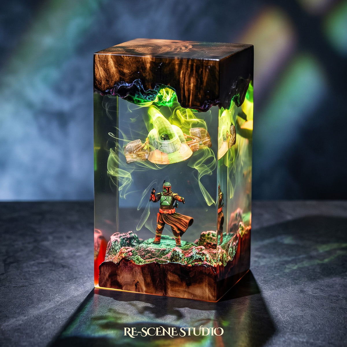 Boba Fett Resin Lamp (Star Wars), hand-poured epoxy resin night light glowing in 16 RGB colors