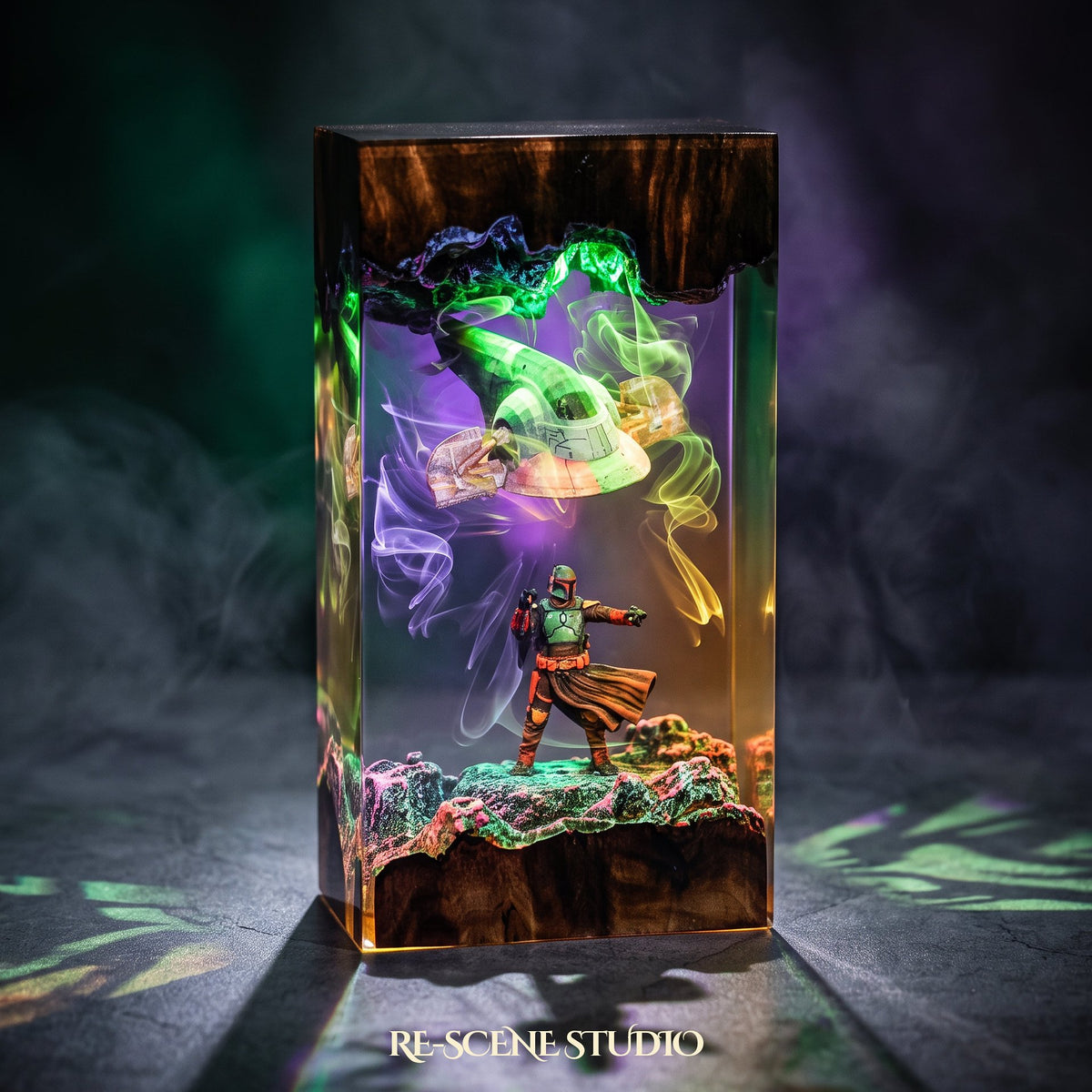Close look at the Boba Fett Resin Lamp, a handcrafted Star Wars epoxy resin LED lamp