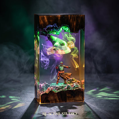 Close look at the Boba Fett Resin Lamp, a handcrafted Star Wars epoxy resin LED lamp