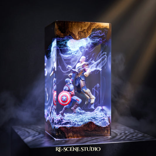 Captain America vs Thanos Resin Lamp (Marvel), hand-poured epoxy resin night light glowing in 16 RGB colors